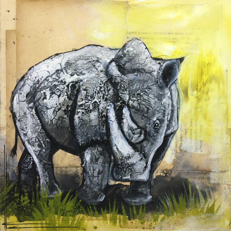 Gemälde Rhinocéros von Locoge Alice | Gemälde Figurativ Tiere Acryl Collage