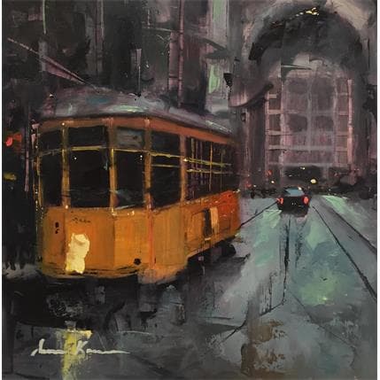 Peinture Milan Tram par Amine Karoun | Tableau Figuratif Huile Vues urbaines