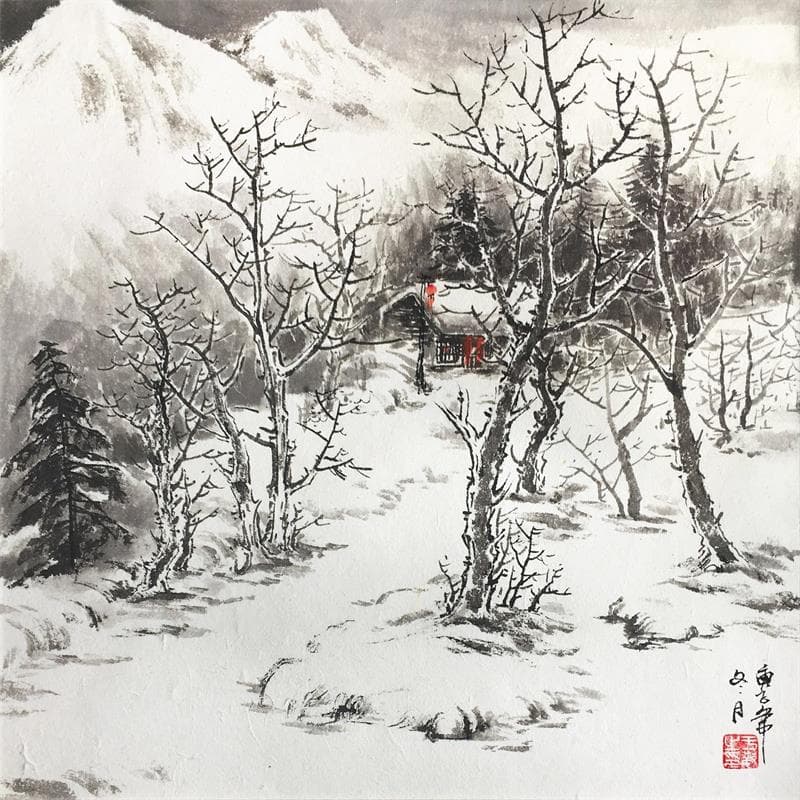 Painting Family of snow mountains by Yu Huan Huan | Painting Figurative Mixed Landscapes Black & White