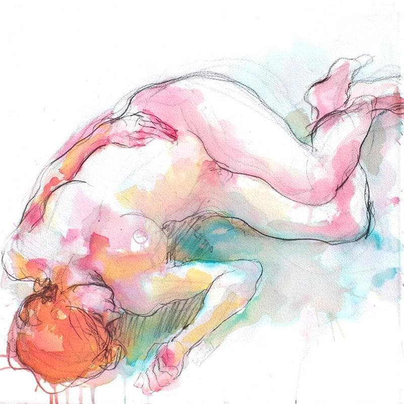 Painting Clara couchée by Brunel Sébastien | Painting Figurative Watercolor Nude