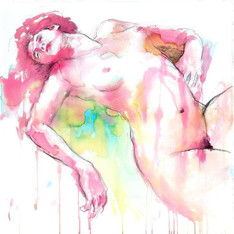 Painting Cécile endormie by Brunel Sébastien | Painting Figurative Watercolor Nude
