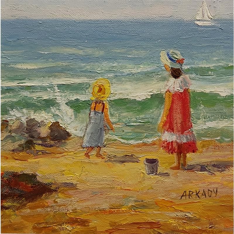 Peinture les enfants au bord de la mer par Arkady | Tableau Figuratif Marine Huile